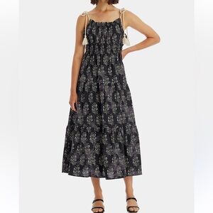 Anthropologie Moon River ShoulderTie Black & Cream Dark Floral Tiered Maxi Dress